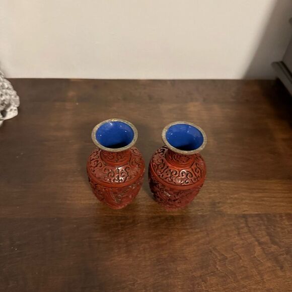 Chinese Cinnabar Pair Of Flower Landscape Vase - Picture 7 of 7